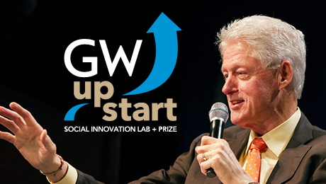 GW Upstart Clinton at microphone, social innovations lab + prize