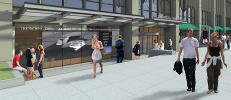 Rendering of exterior of Gelman Library and the National Churchill Library and Center 