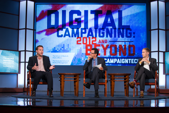 Digital campaign strategists Zac Moffat (left) and Michael Slaby (right) in a panel discussion with SMPA Director Frank Sesno.