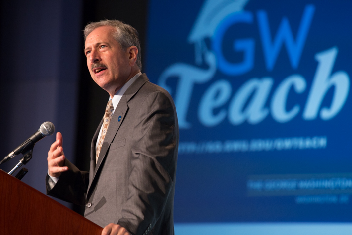 Provost Steven Lerman speaks at the GWTeach launch event on Tuesday. (Photo: William Atkins/GW Today)