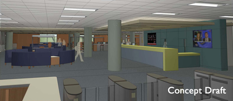 rendering of possible new interior entrance to Gelman Library 