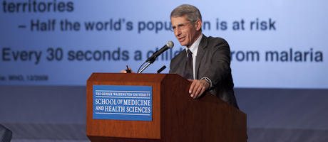 Anthony S Fauci speaks at podium, the George Washington University School of Medicine and Health Sciences