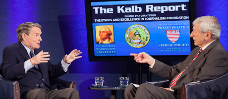Jim Lehrer and Marvin Kalb sit on Kalb Report set