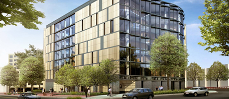 rendering of the exterior of the School of Public Health & Health Policy building from Washington Circle