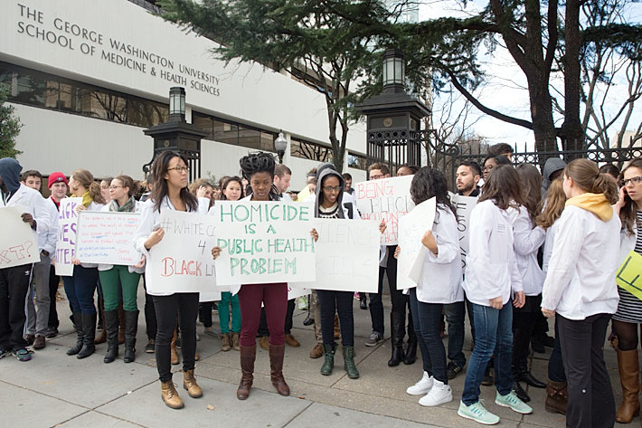 A demonstration against the verdict at GW's School of Medicine and Health Sciences 