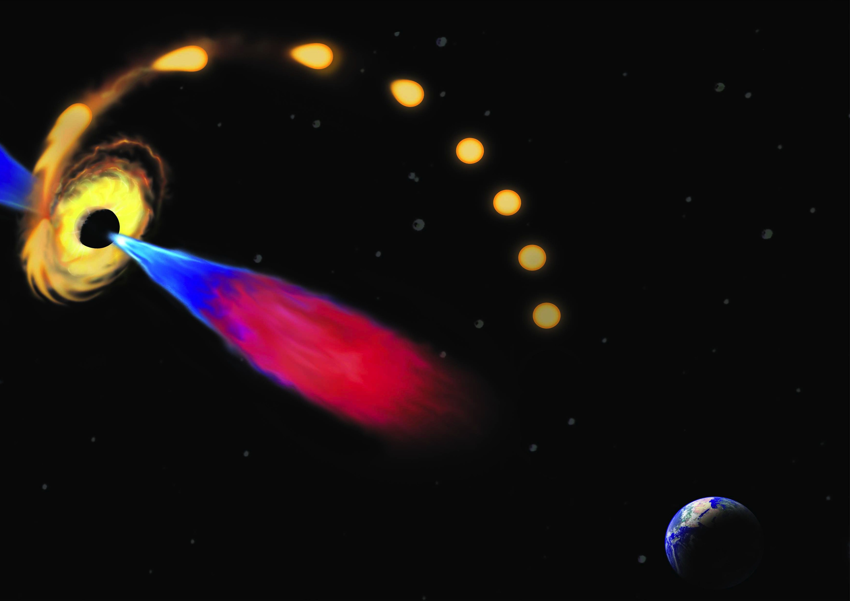 Artist’s conception of a star being drawn toward a black hole and destroyed, and the black hole later emitting a jet of plasma c