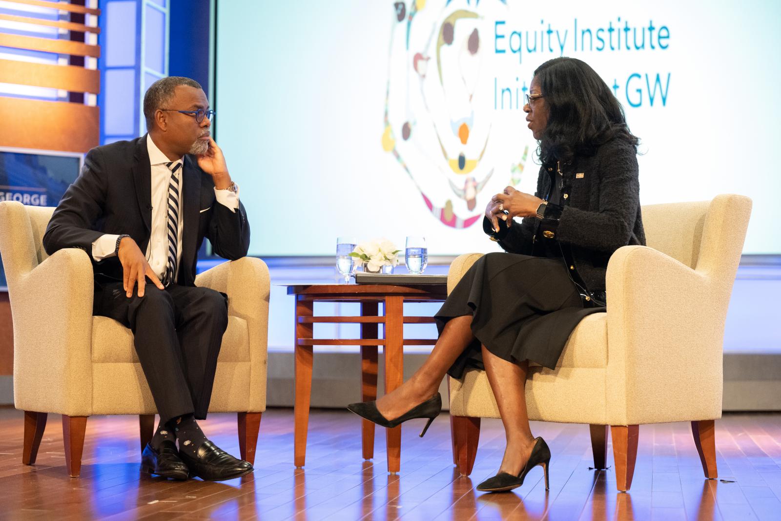 Princeton University's Eddie Glaude and Dean Dayna Bowen Matthew in conversation as part of the Equity Institute's fall research showcase last year. (William Atkins/GW Today)
