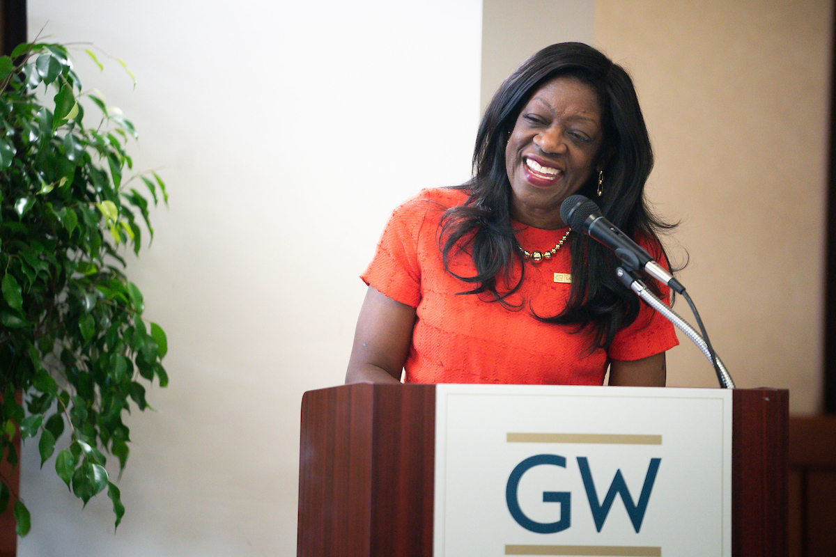GW Law Dean Dayna Bowen Matthew spoke at the installation of three endowed professors last week. (Liz Lynch)
