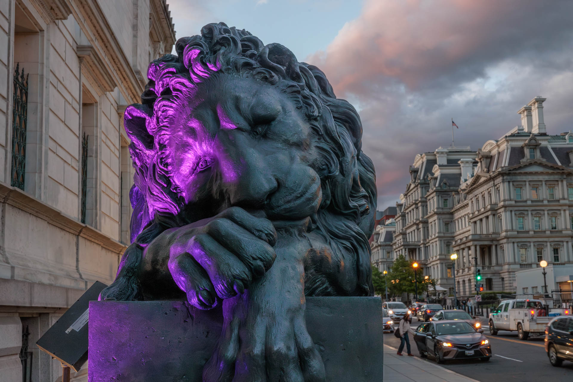 A lion sculpture outside the Flagg Building is splashed with purple light.
