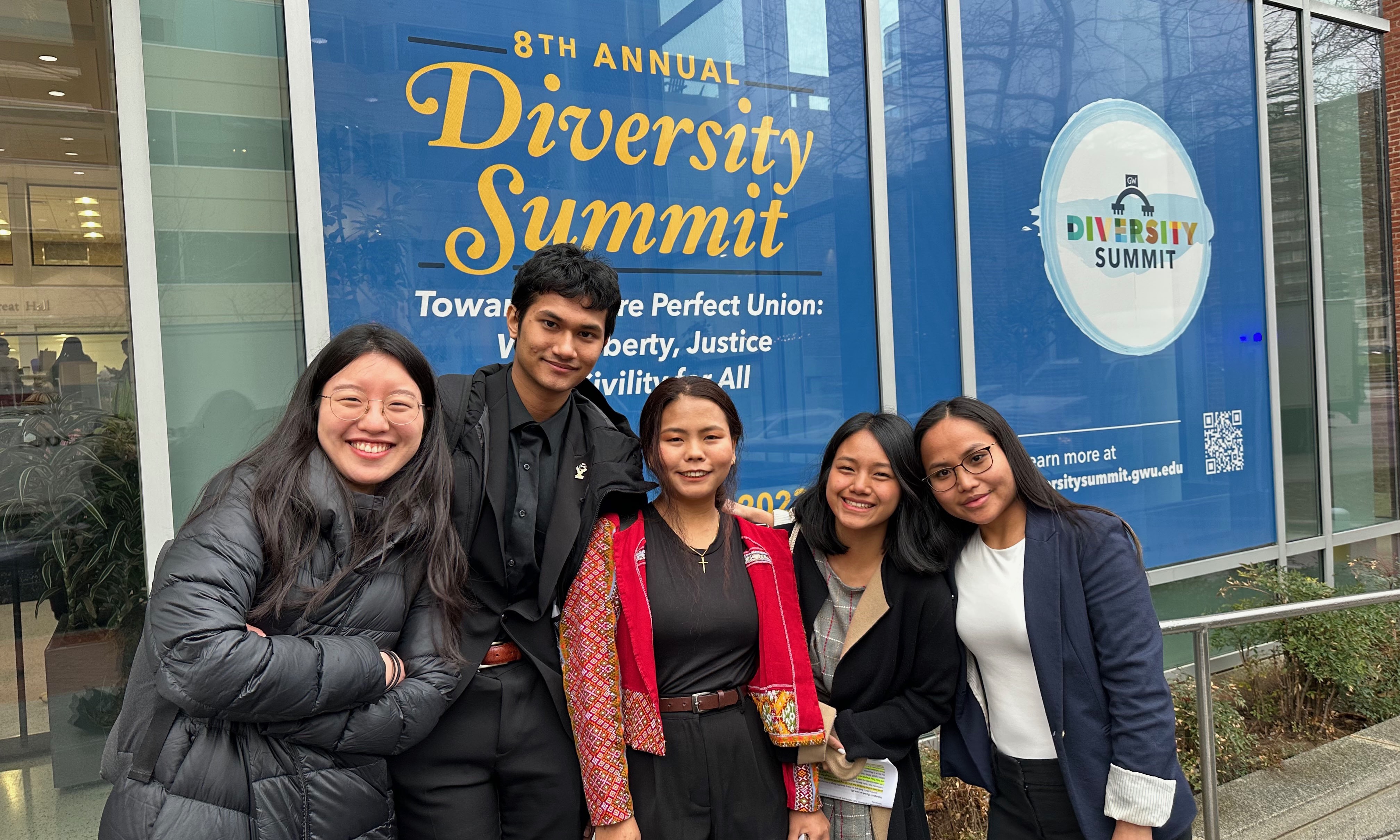 Participants presented their stories at GW's Diversity Summit in March 2023.  From left: Sarah Oh, Susan Rai, Sarah Nini, Bawi Hnem and Meh Sod Paw. 