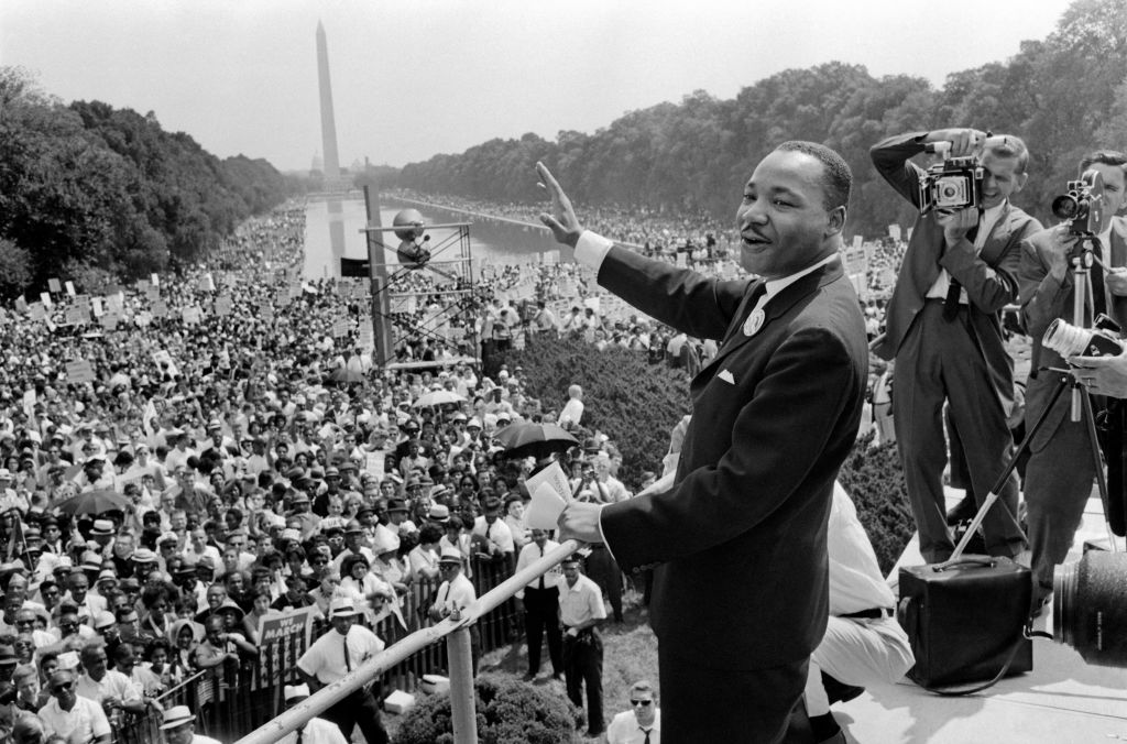 Rev. Martin Luther King Jr., at the Lincoln Memorial looking out at the 250,000 people who had come to Washington to advocate for civil rights 60 years ago on Aug. 28, 1963. 