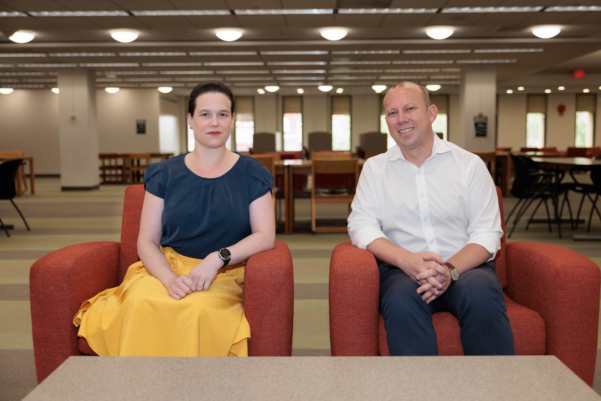 Jen Froetschel, left, and Matthew Bright photographed in Gelman Library