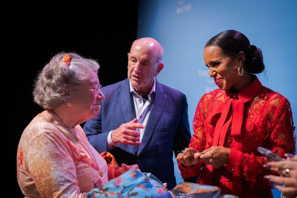 Washington with her former teacher Leslie Jacobsen, left, professor emerita of theatre, and TKTKTKT.
