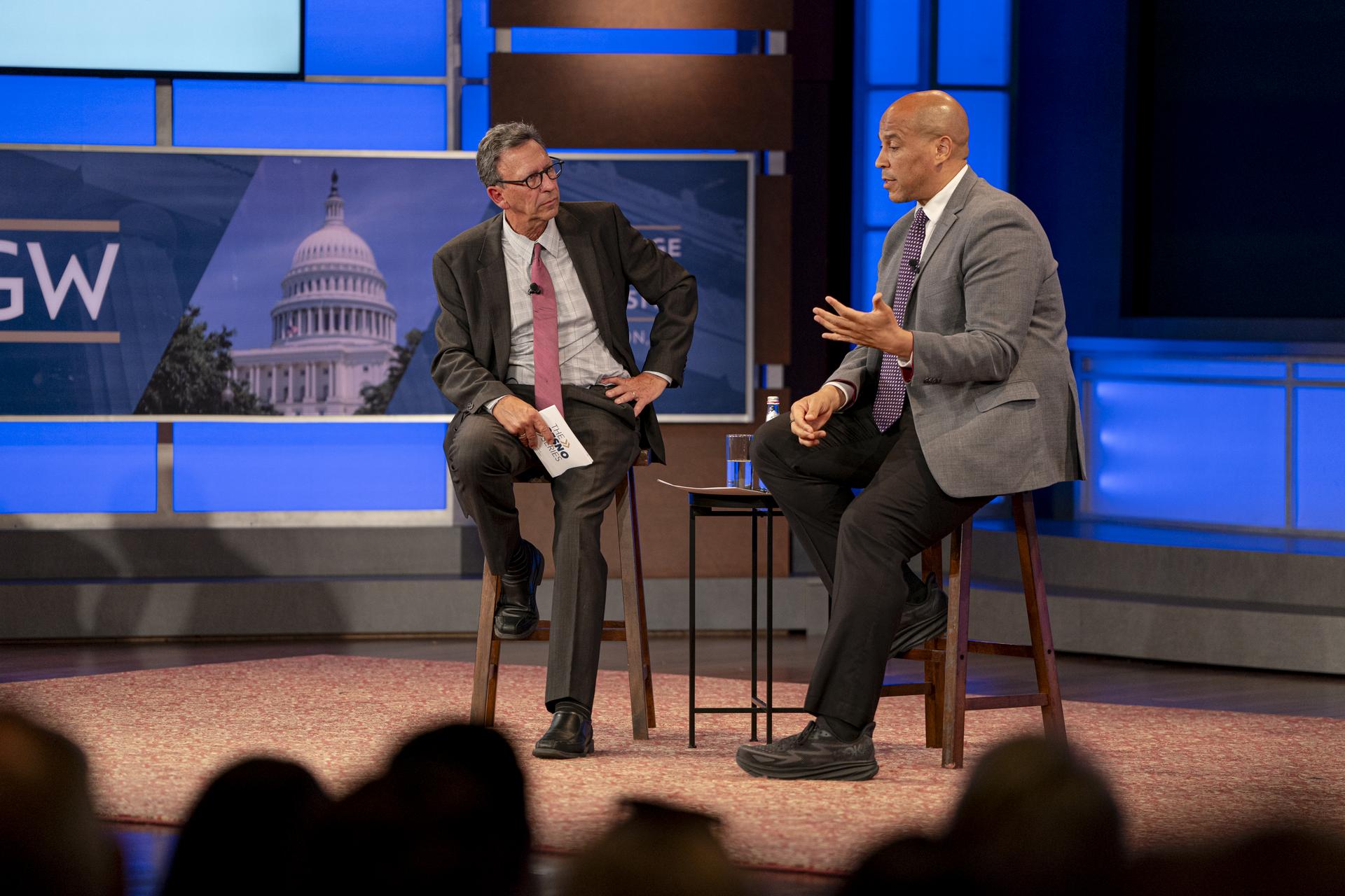 Sen. Cory Booker (D-N.J.) and GW’s Frank Sesno discussed how to heal the political divide in the United States at the inaugural event for The Sesno Series.