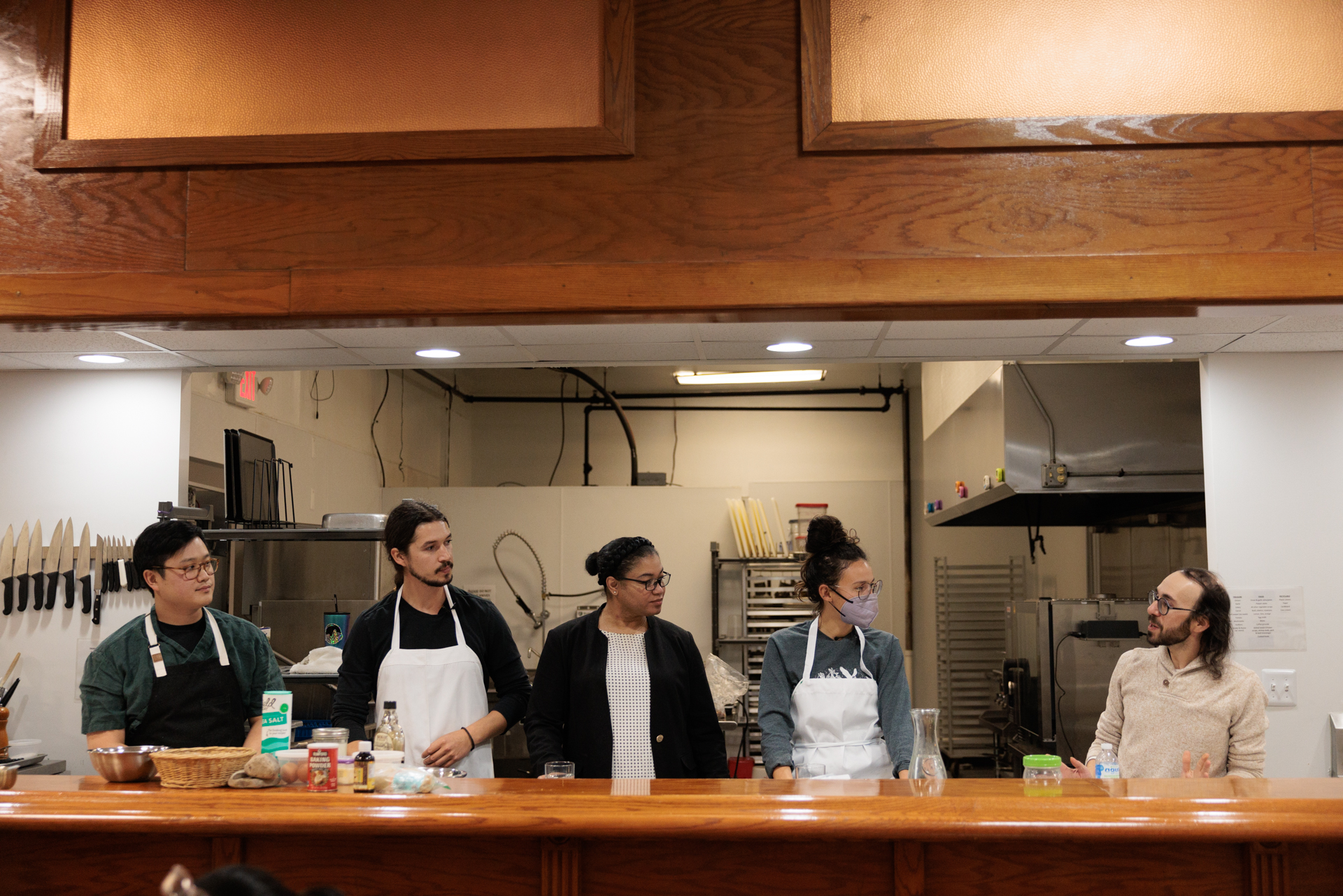 From left, panelists Caleb Jang, Bodhi Vasilopoulos, Alexis Dickerson and Zí Proctor discuss the culinary use of acorns with M.F.A. student Shawn Shafner. 