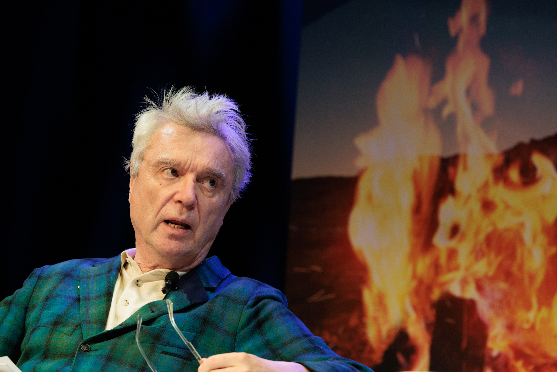 David Byrne, lead singer of the Talking Heads, discussed ecological storytelling and the power of the media. (William Atkins/GW Today)
