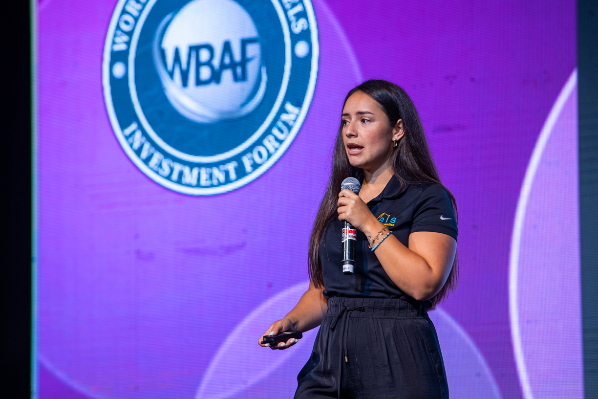 Nathalya Ramirez presents on the WBAF Global Fundraising Stage in Durban, South Africa. (WBAF)
