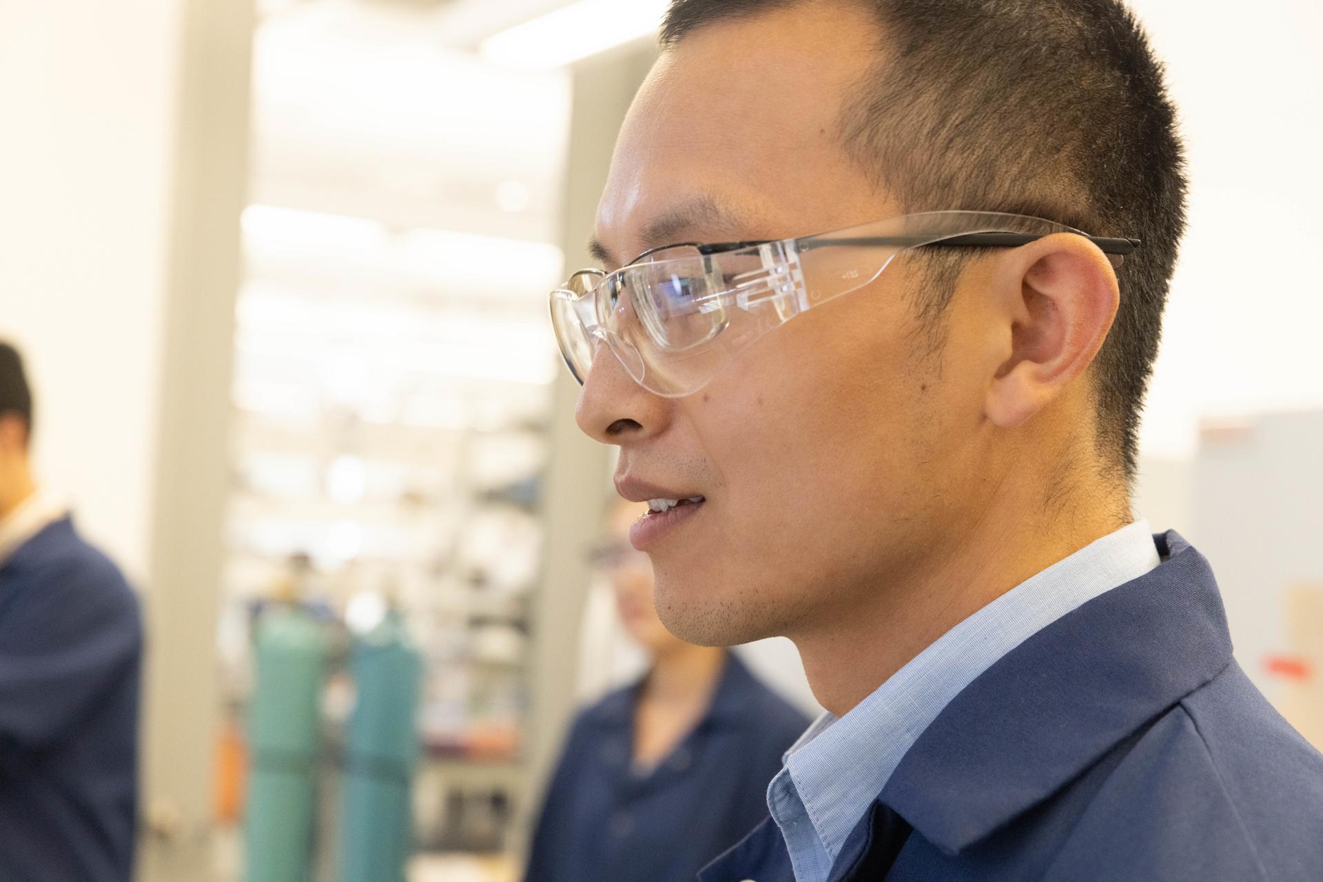 Xitong Liu in his GW Engineering laboratory in 2021. (William Atkins/GW Today)
