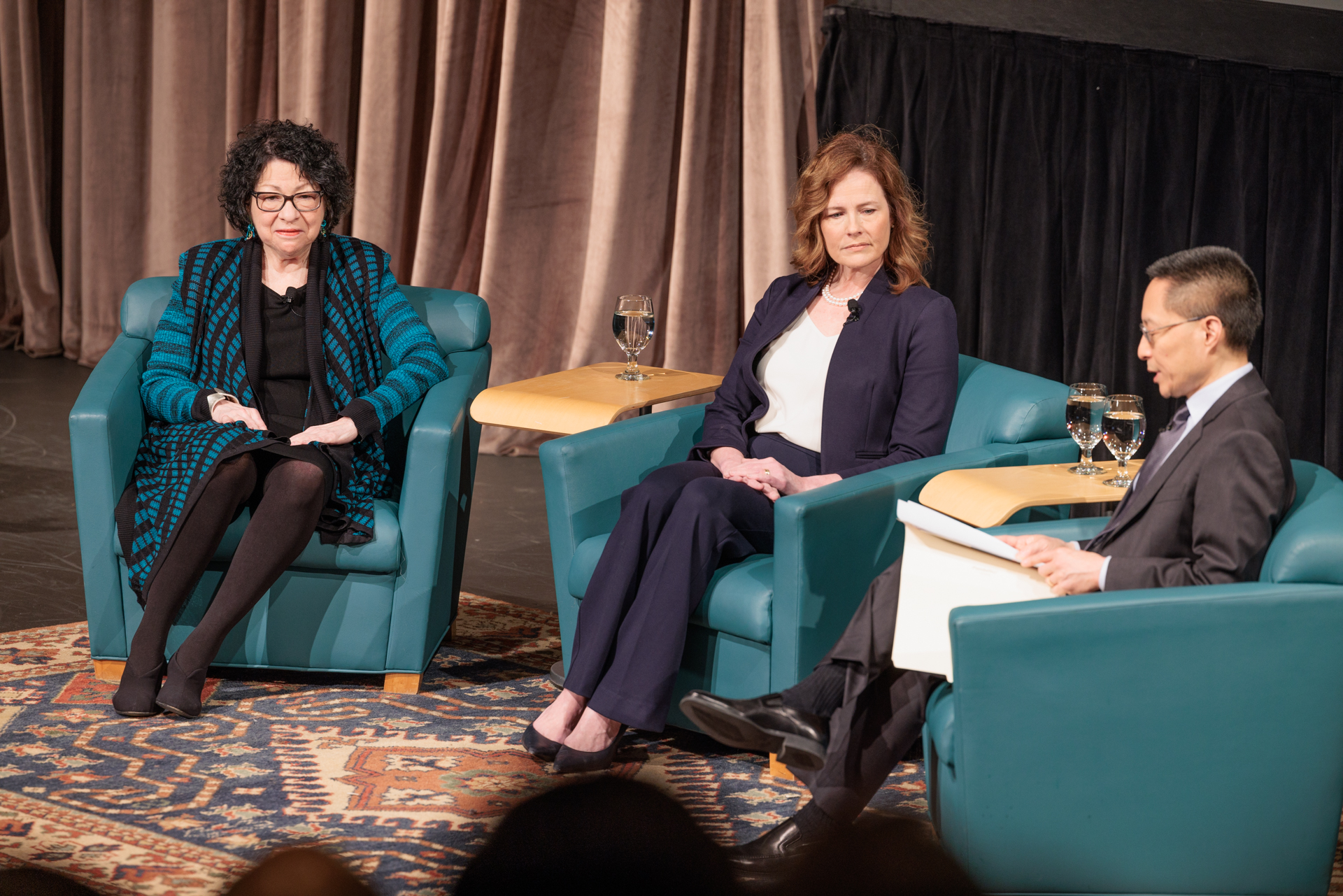 From left, Associate Justices Sonia Sotomayor and Amy Coney Barrett discussed civic engagement with moderator Eric Liu. 