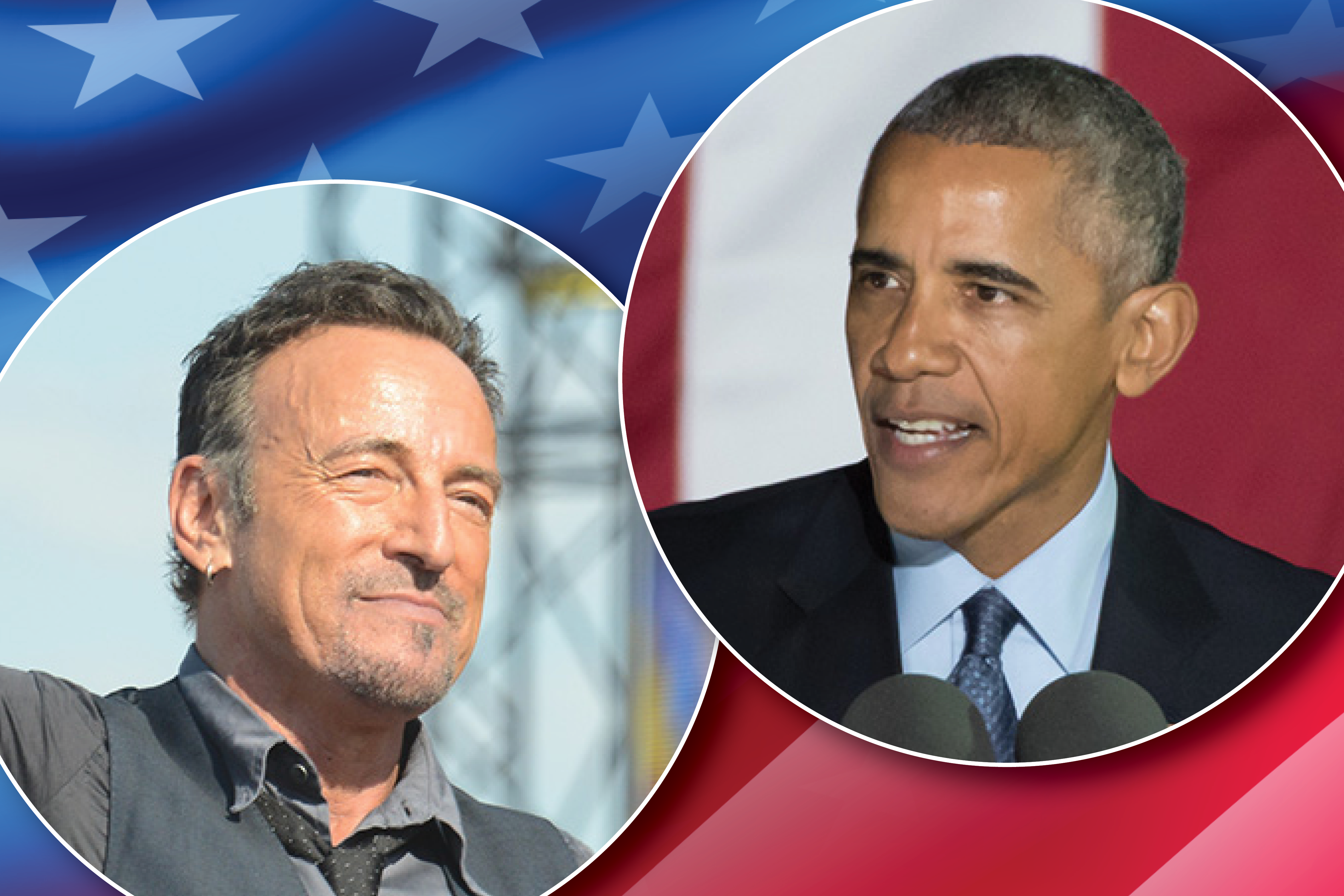 Bruce Springsteen (left) and Barack Obama (right) with flag background