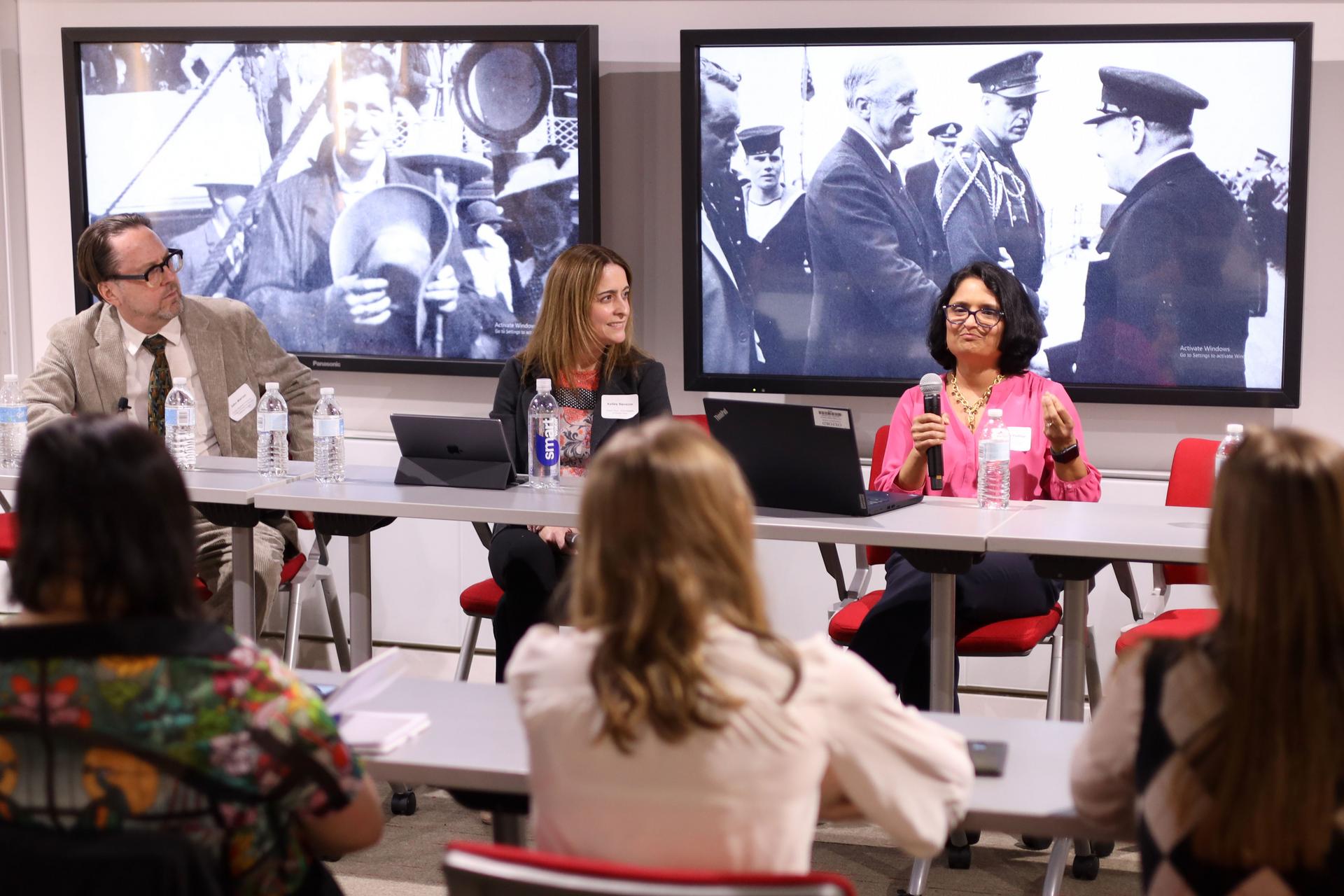 From left, moderator John Warren asked panelists Kelley Squazzo and Swapna Padhye to share their publishing expertise.