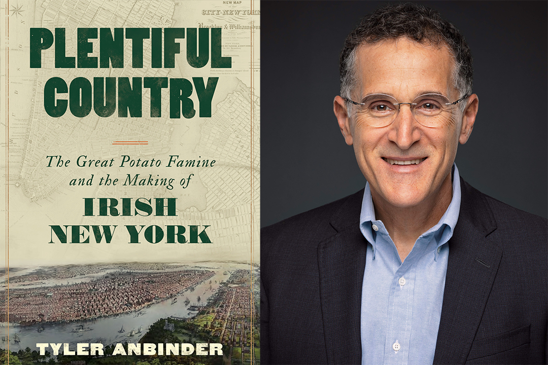 Two photos: Left, book cover for Plentiful Country, greeen background. Right, Tyler Snbinder, glasses, blue shirt, dark jacket