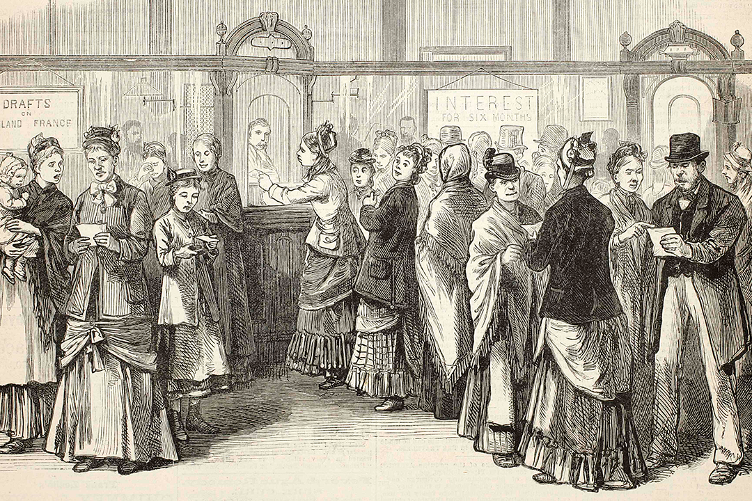 1850s black & white illustration of several well dressed men & women on line at bank teller windows