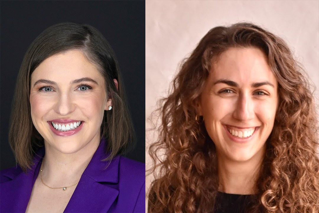 2 headshots: Lef, Linda Chervinsky, dark shoulder length hair, purple suit. Right, Hope McCafrey, curly brown hair.