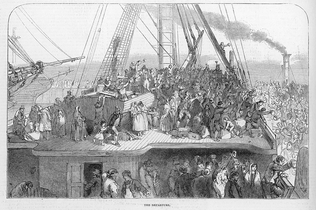 1850s back & white illustration of a overcrowded ship on the ocean