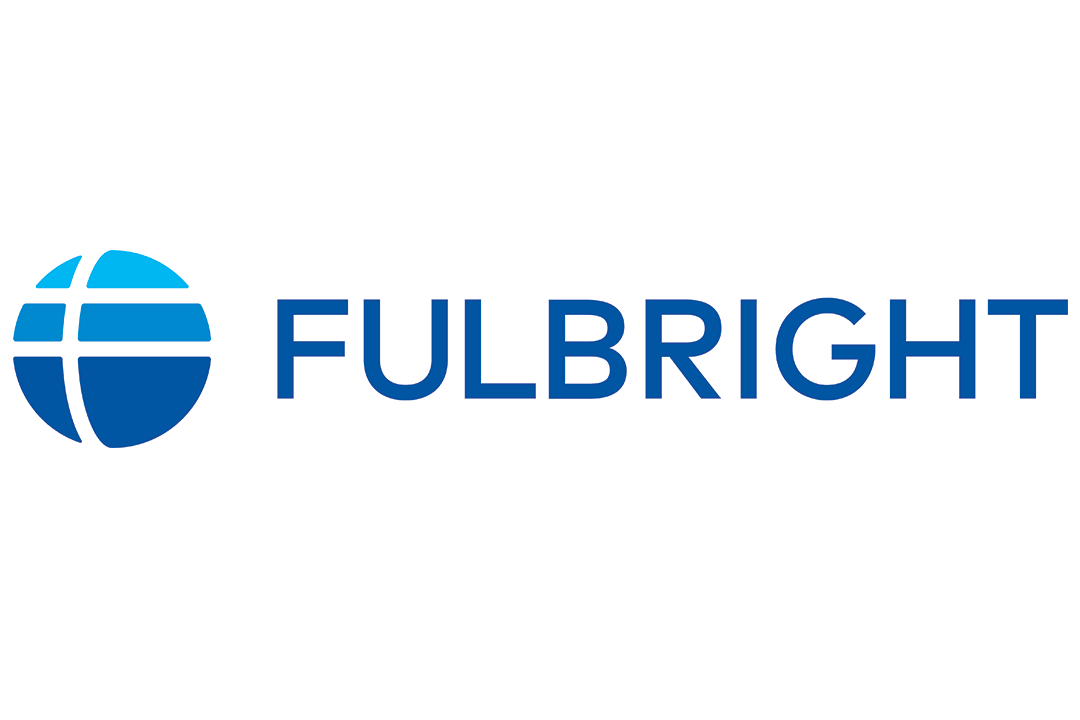 The word FULBRIGHT in blue letters with a white background & a blue globe