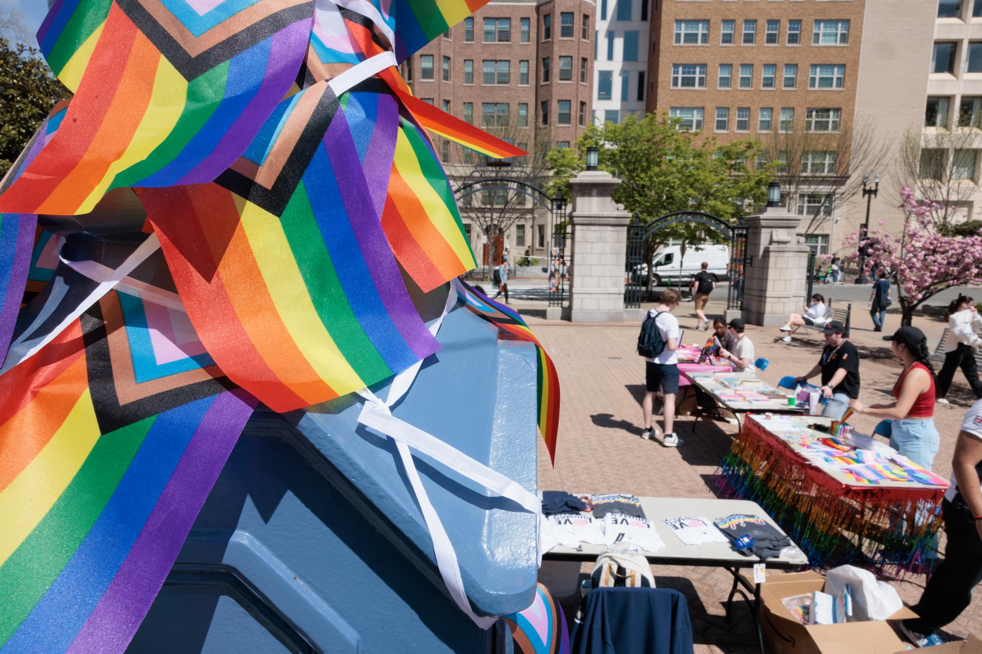 Rainbow flags on Kogan Plaza