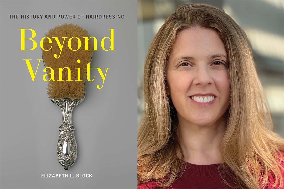 Cover image of the book Beyond Vanity (grey wth silver & yellow hair brush) alongside headshot of author Elizabeth Block, blonder hair, red shirt
