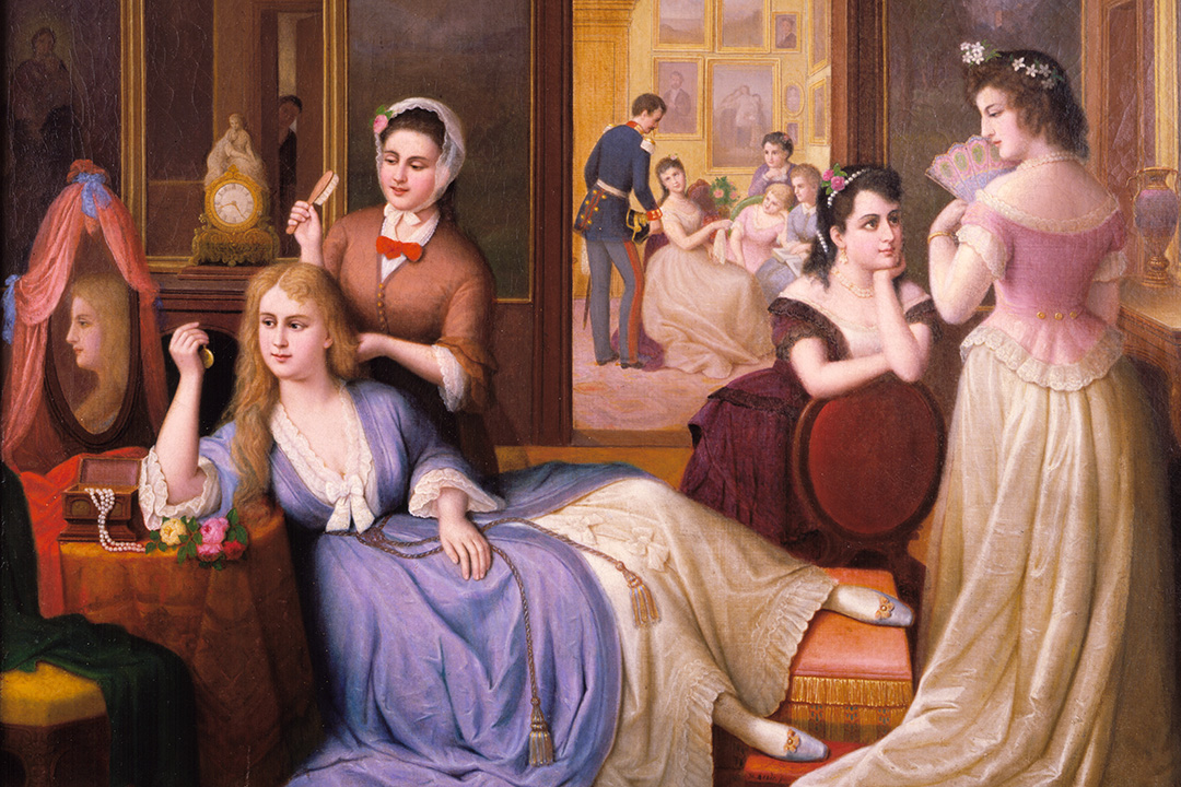 19th century painting of several society women in period dress in a parlor