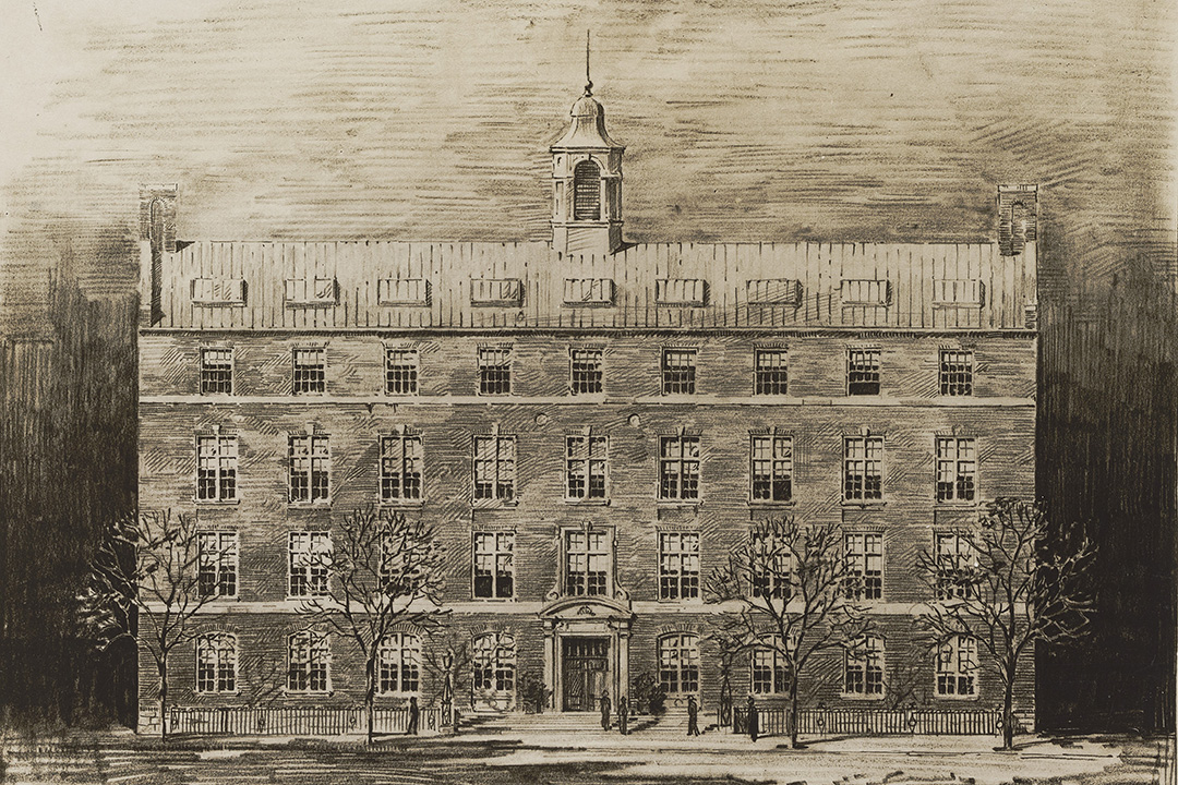 An old black and white sketch of Corcoran Hall circa 1923