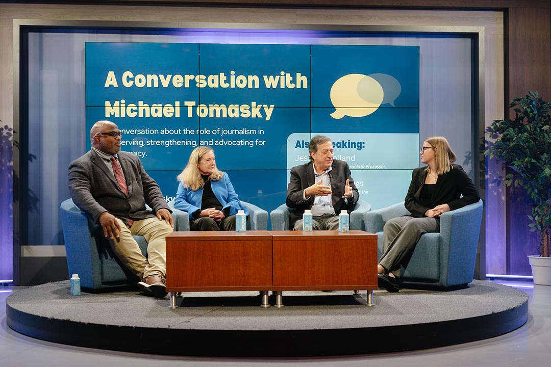 Left to right: Jesse J. Holland, Jeanne Cummings, Michael Tomasky and Lydie Lake discuss the future of journalism at SMPA. (Jordan Tovin/GW Today)