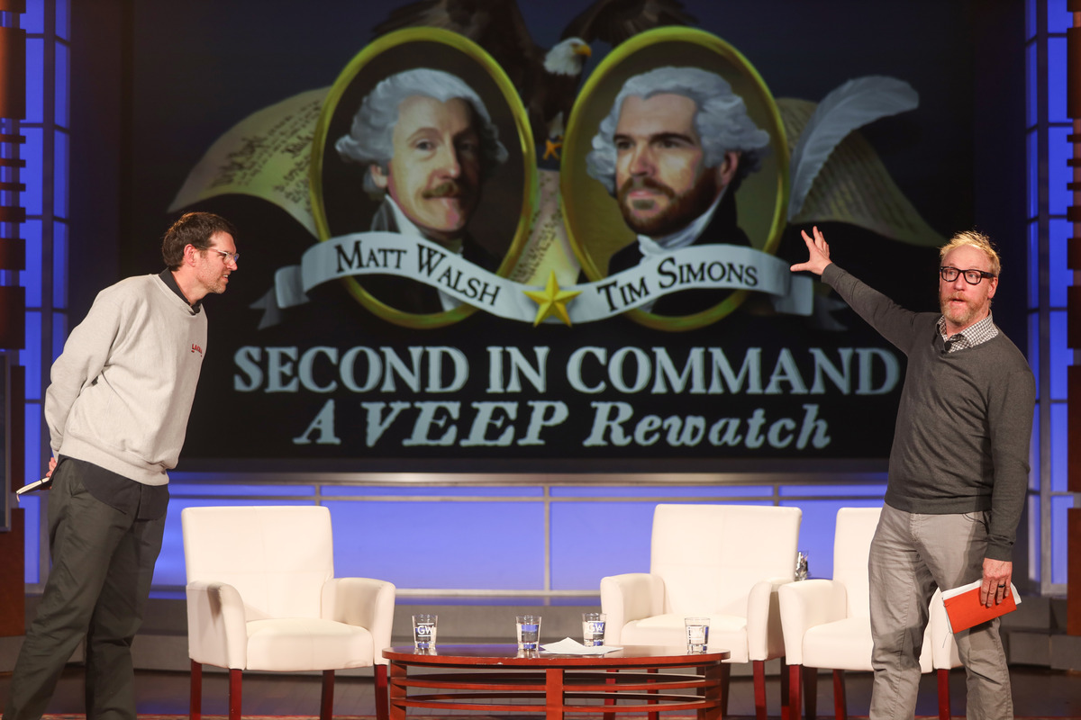 Tim Simons, left, and Matt Walsh, engaged frequently with the audience during the live recording of their podcast, Second in Command, on Oct. 15 at Jack Morton Auditorium. 