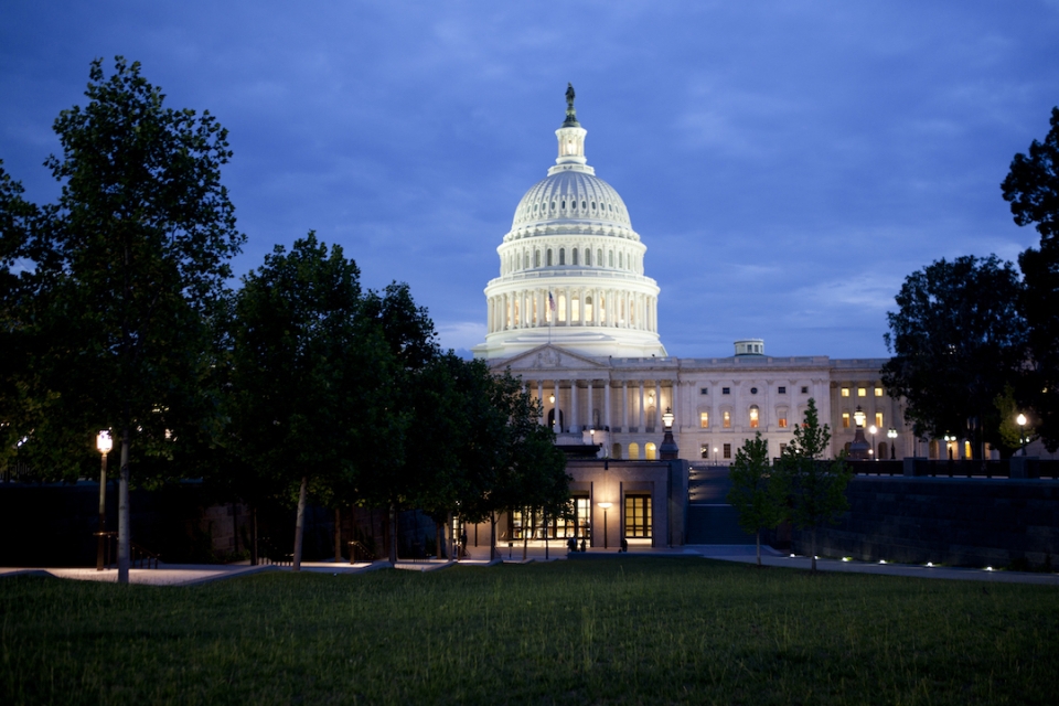 U.S. Capitol viewed from a distance at evening