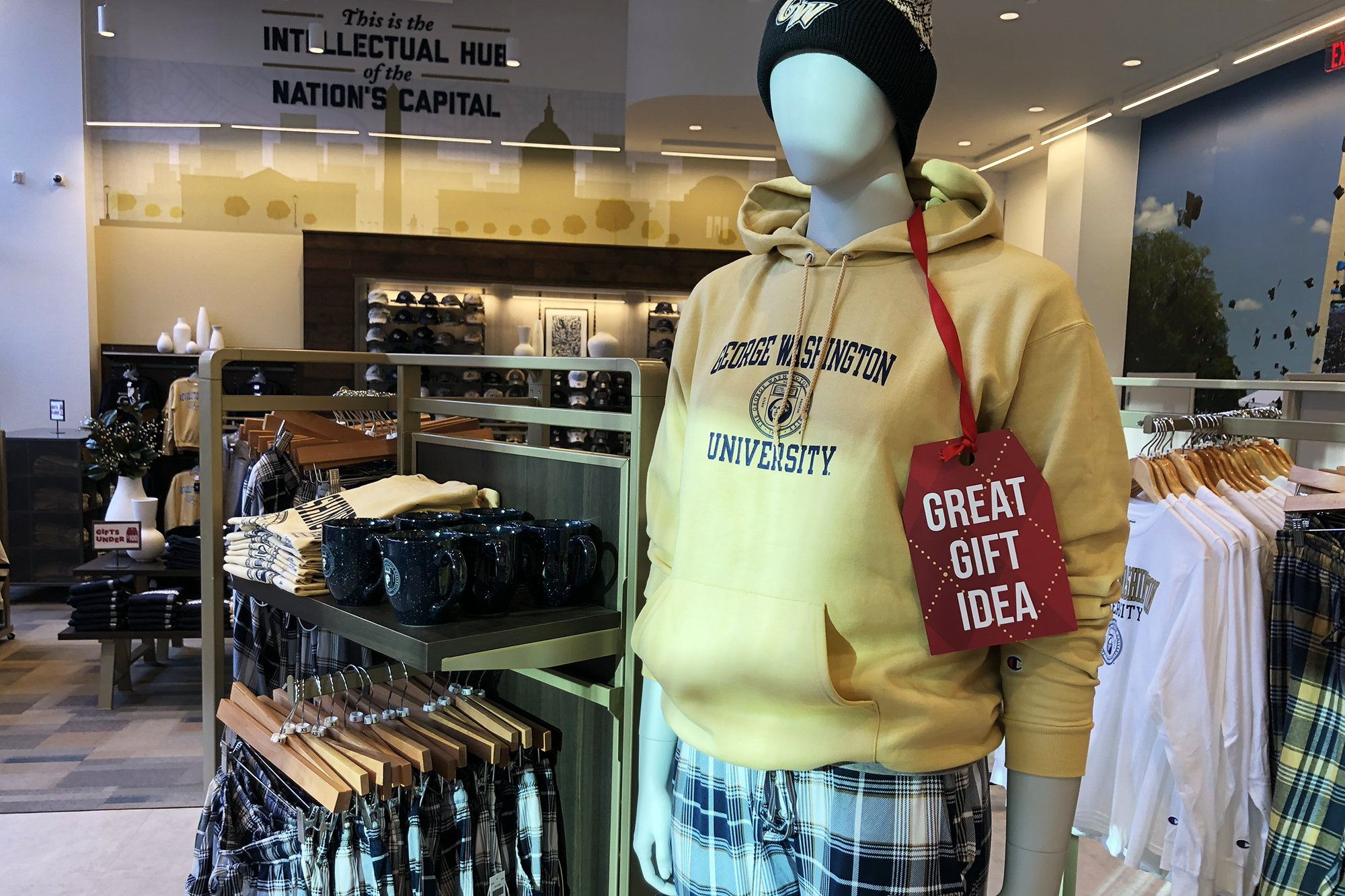 A hoodie and pajama pants on a mannequin at the Campus store