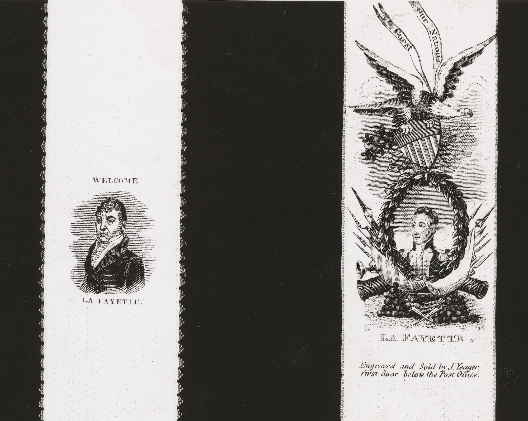 Front and back of ribbon with image of the Marquis de Lafayette