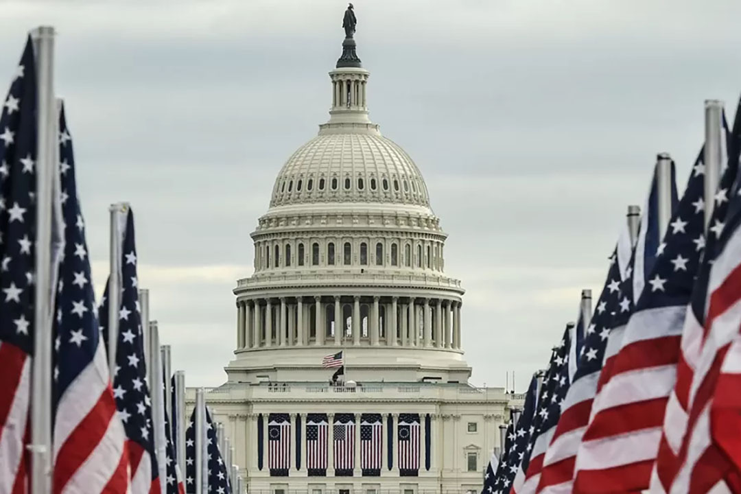 The dome of the U.S. Capitol rises in the sky above two converging rows of American flags