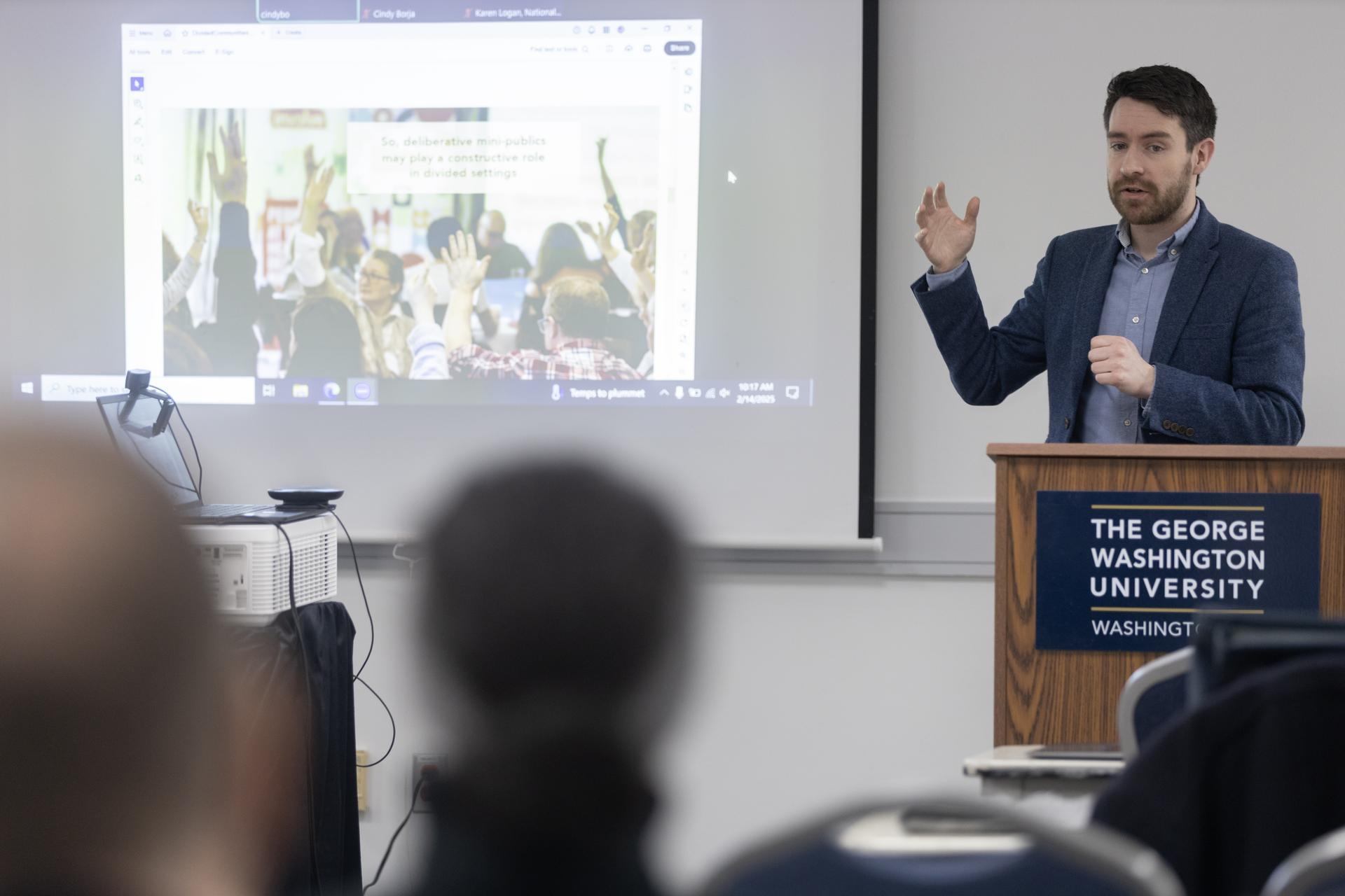 CCAS Assistant Professor of Geography Declan Cullen led participants through a mapping exercise he uses with his students. (Lily Speredelozzi/GW Today)