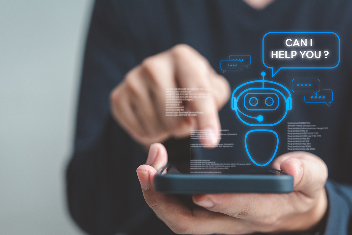 Person using smartphone with pop-up illustration of chatbot asking "Can I help you?"