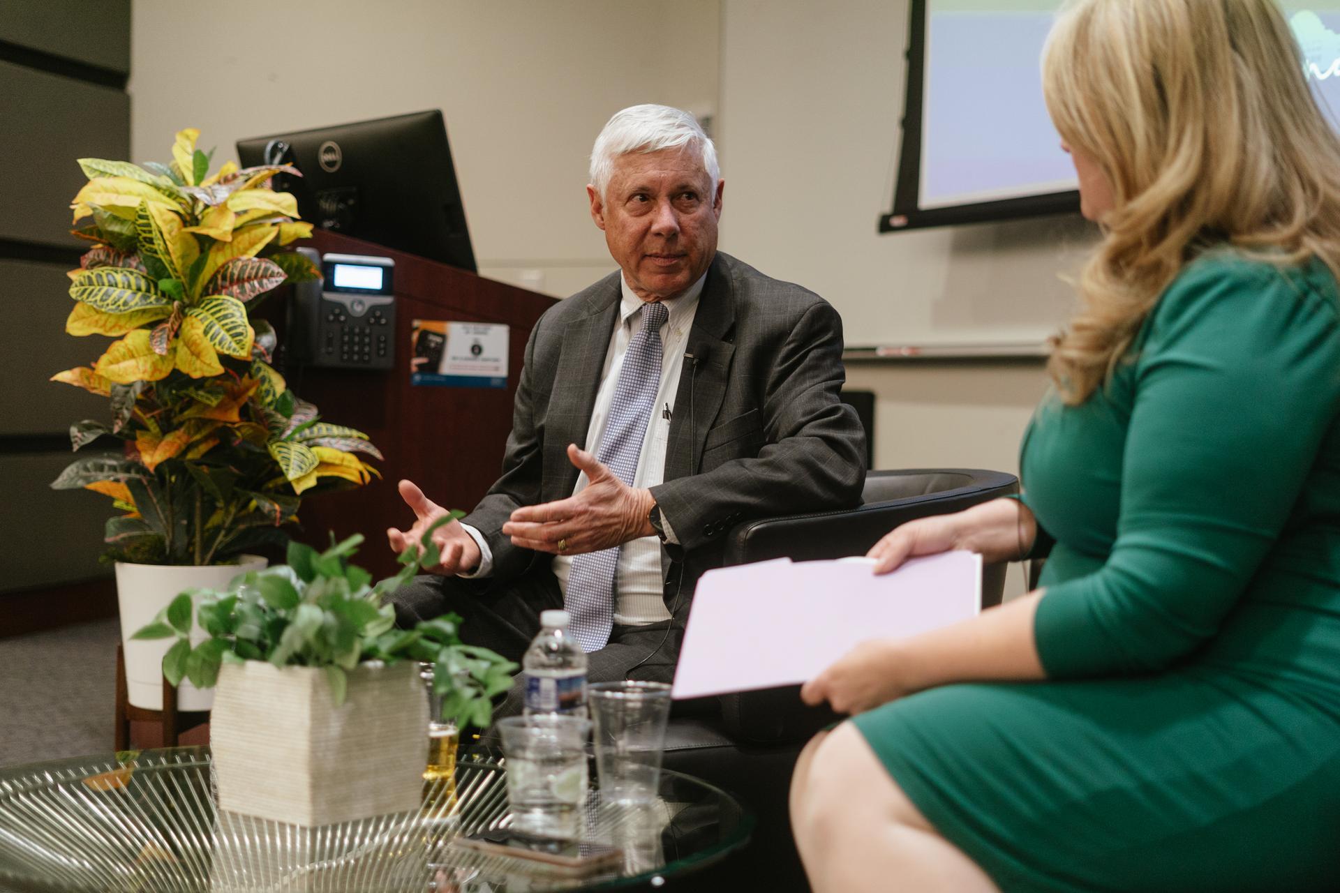 Former Congressman Fred Upton talks with GW's Lesley Lopez.
