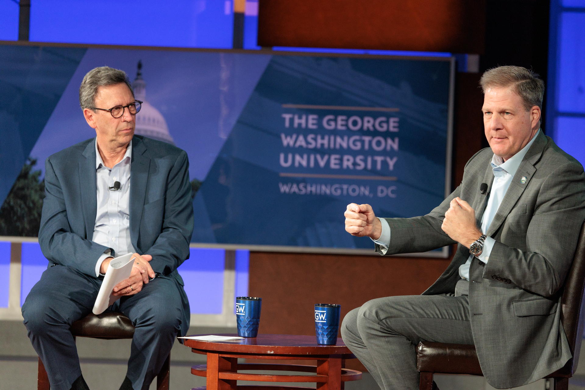 Frank Sesno and Chris Sununu in coversation at GW