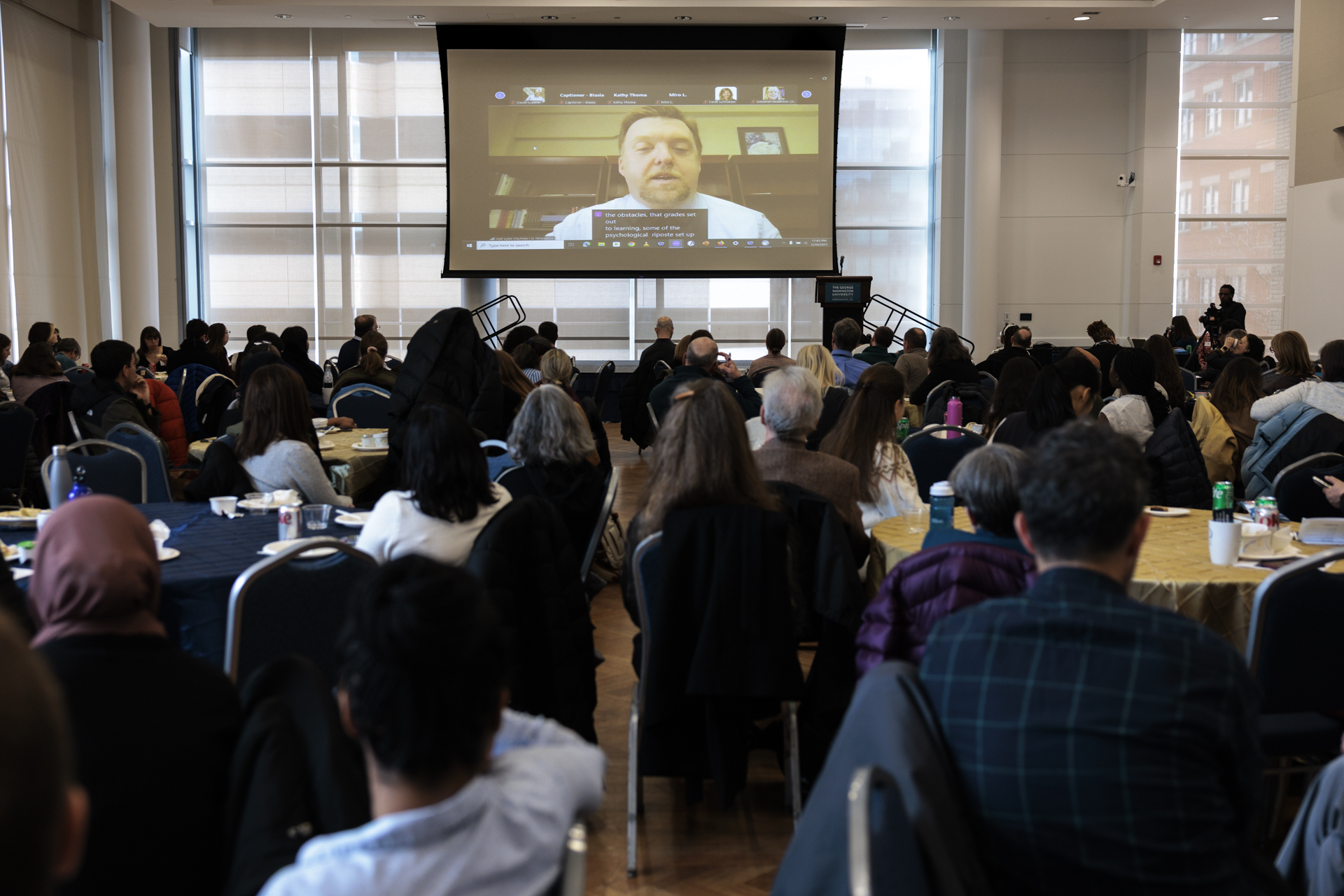 Teaching Day attendees caught a remote keynote from expert Joshua Eyler during lunch. (William Atkins/GW Today)
