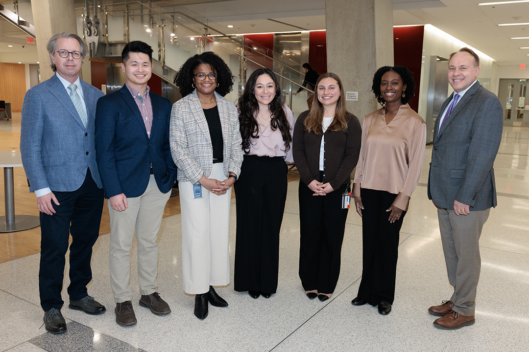 From left: CCAS Associate Dean for Graduate Studies Chad Heap with Bouchet inductees Jonathan M. Huie, Kailyn Price, Tatiana Ruiz, Ashley Bastin, Jasmine Charter-Harris and CCAS Dean Paul Wahlbeck.