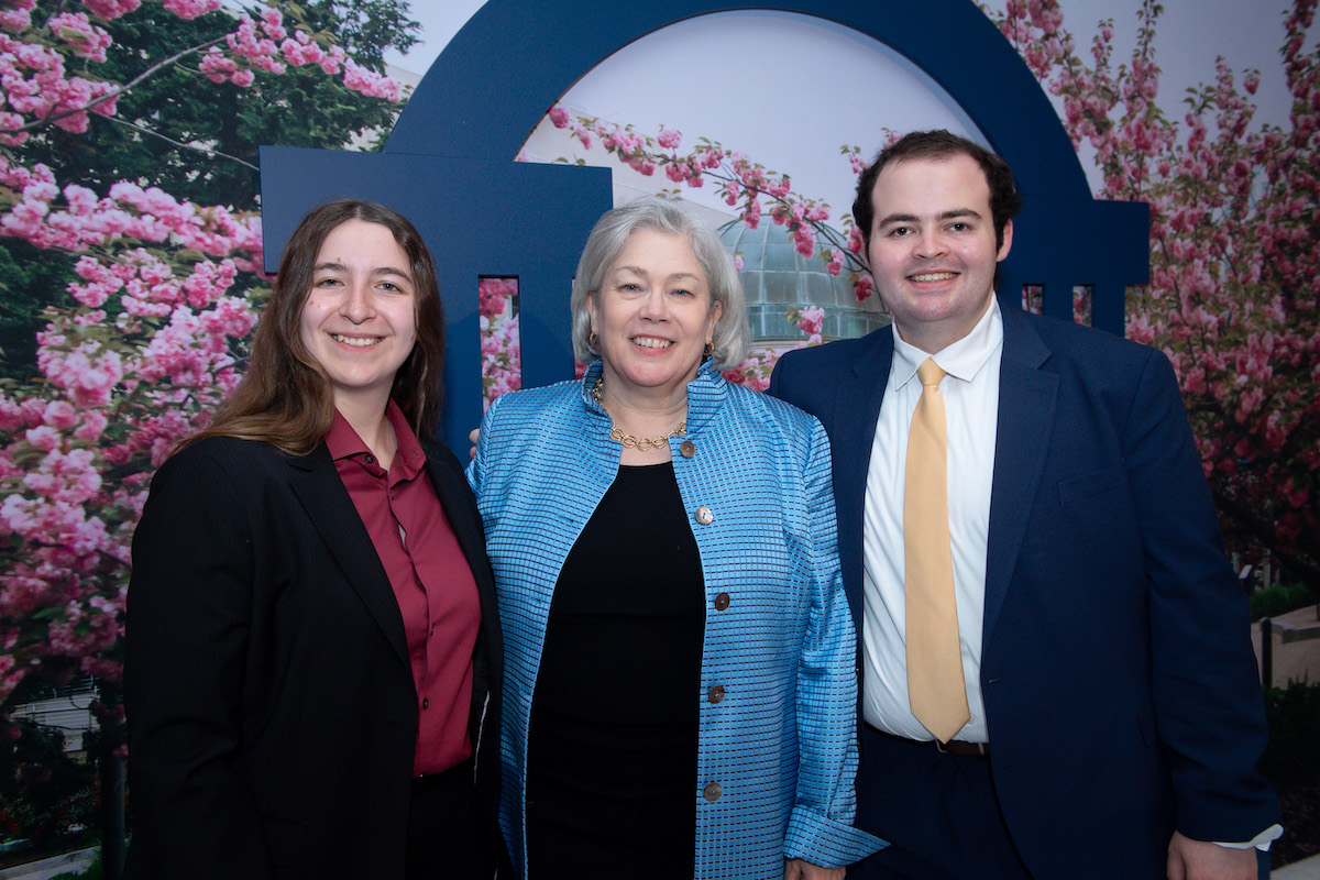 Student speakers Amy Fehr and Peyton Gallant with GW President Ellen M. Granberg at the 2025 Celebration of Scholarships and Fellowships.
