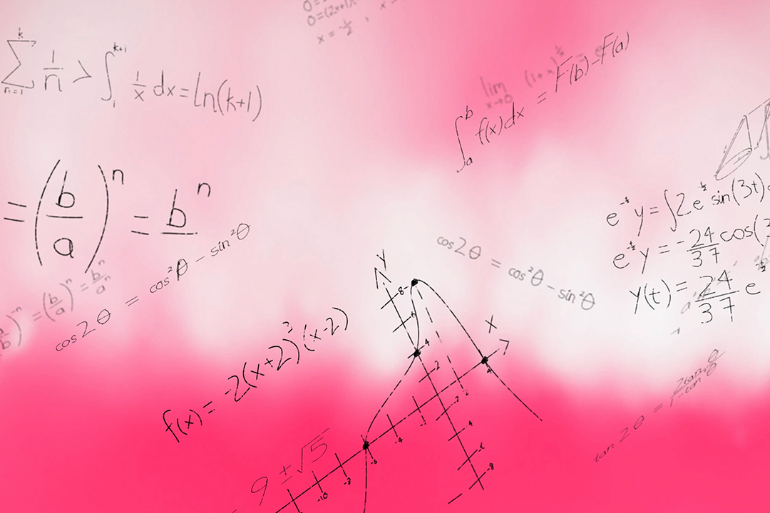 Pink illustration of a math equation on a board