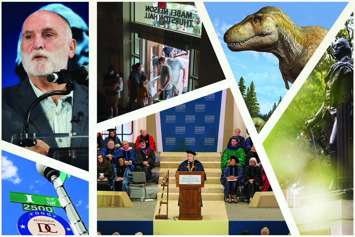 Collage of images from 2021-2025 stories including José Andrés, a dinosaur, Thurston Hall and Pres. Granberg's investiture