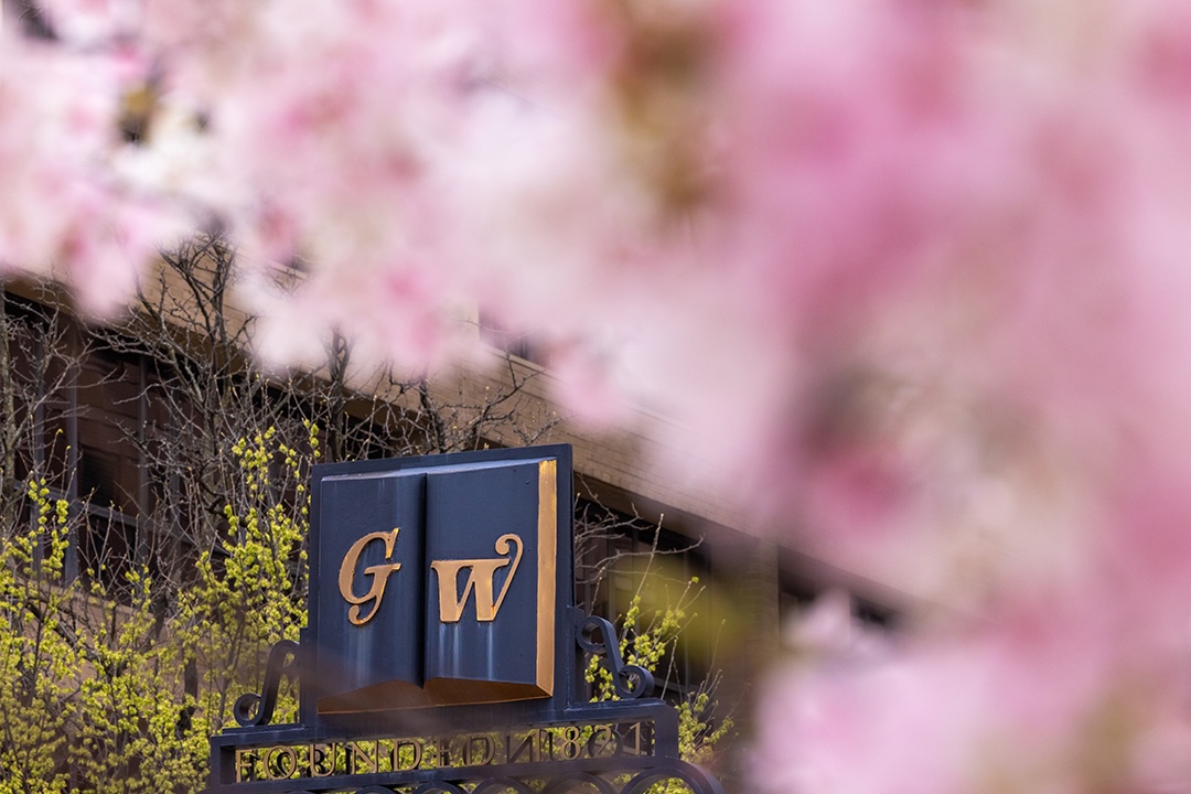 GW arch surrounded by pink flowers